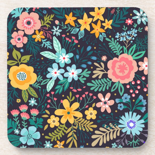Cute Colorful Floral Pattern Beverage Coaster (Front)