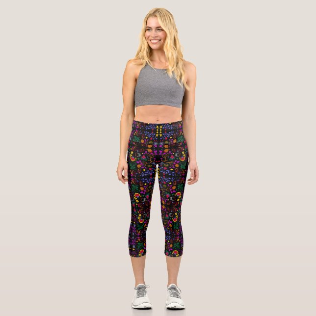 Cute colorful floral pattern  capri leggings (Front)