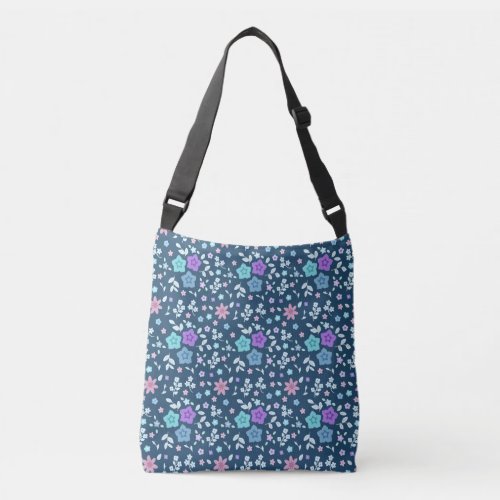 Cute Colorful Floral Pattern on Blue Background Crossbody Bag