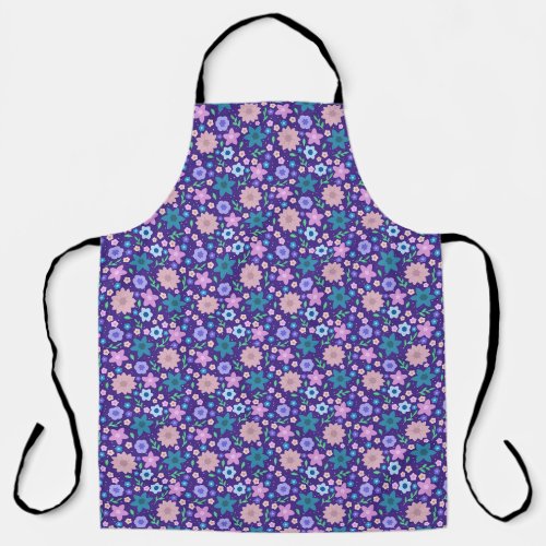 Cute Colorful Floral Pattern on Purple Background Apron