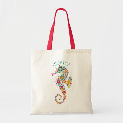 Cute Colorful Floral Sea Horse Illustration Tote Bag