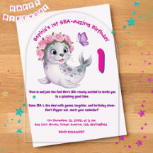 Cute Colorful Floral Sea Lion Girly Kids Birthday