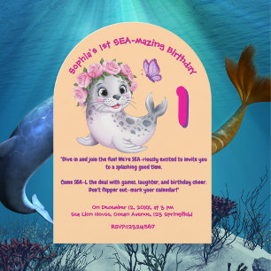 Cute Colorful Floral Sea Lion Girly Kids Birthday Invitation