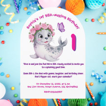 Cute Colorful Floral Sea Lion Girly Kids Birthday