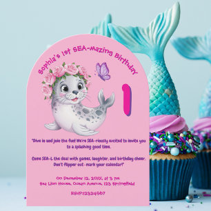 Cute Colorful Floral Sea Lion Girly Kids Birthday Invitation