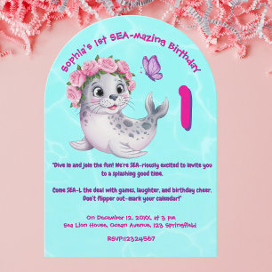 Cute Colorful Floral Sea Lion Girly Kids Birthday Invitation
