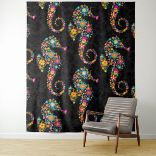 Cute Colorful Floral Seahorse Black Damasks Tapestry