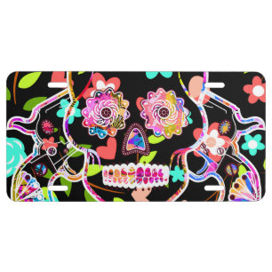Cute colorful floral skull license plate