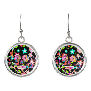 Cute colorful floral skull license plate earrings