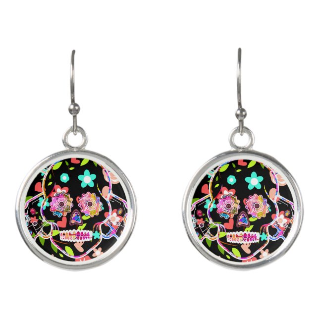 Cute colorful floral skull license plate earrings (Front)