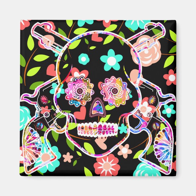 Cute colorful floral skull magnet (Front)