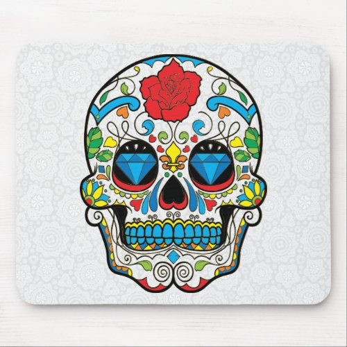 Cute Colorful Floral Sugar Skull Red Rose Mouse Pad
