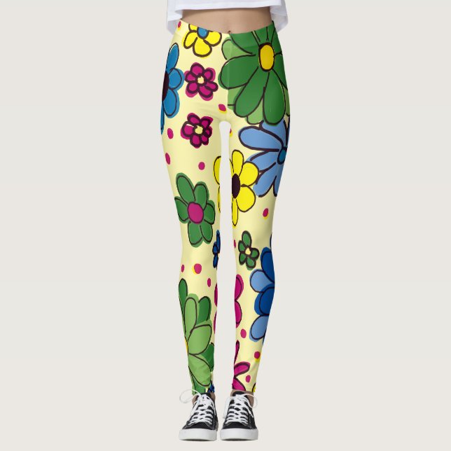 Cute Colorful Floral Yellow Leggings (Front)