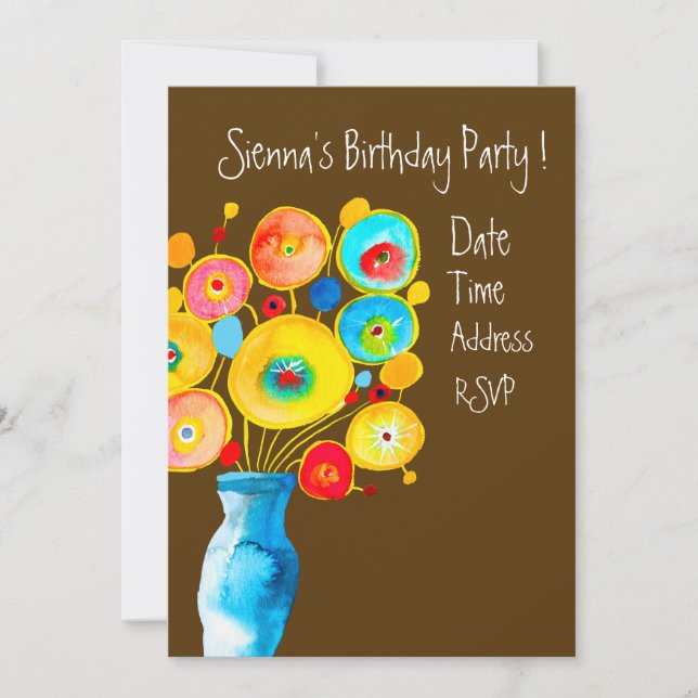 Cute colorful flower art birthday party invitation (Front)