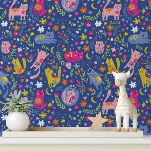 Cute Colorful Flower Cats Modern Pattern Wallpaper