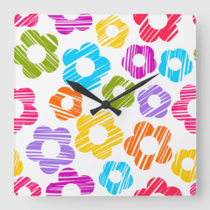 Cute colorful flower girly cheerful floral pattern square wall clock