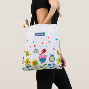 Cute colorful flowers and birds tote bag