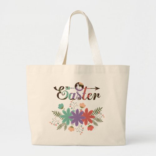 Cute Colorful Flowers And Fern With Bunny Large Tote Bag