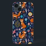 Cute Colorful Flowers Birds & Foxes Pattern iPhone 13 Case<br><div class="desc">Abstract colorful retro flowers cute birds and red foxes cartoon style illustration on dark blue background color.</div>