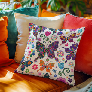 Cute Colorful Flowers & Butterflies Pattern Votive Throw Pillow