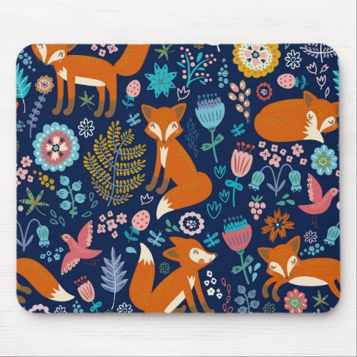 Cute Colorful Flowers  Foxes Pattern Mouse Pad