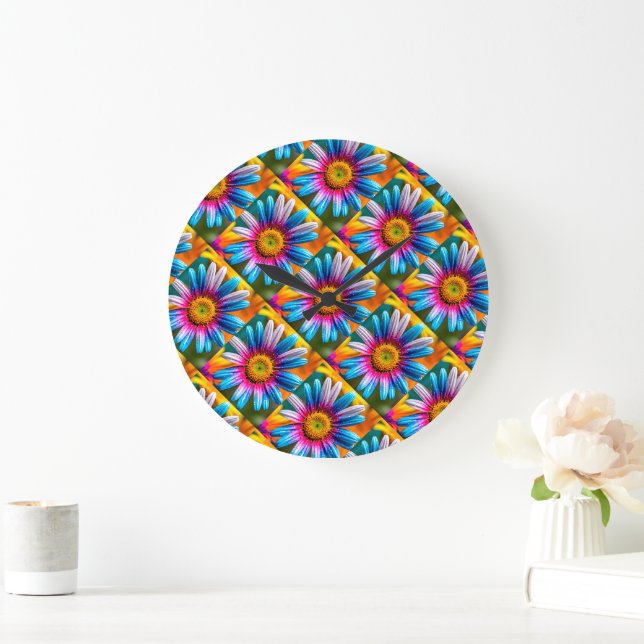 Cute Colorful Flowers Pattern Large Clock (Home)