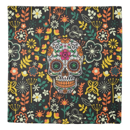 Cute Colorful Flowers Pattern Retro Floral Skull Duvet Cover