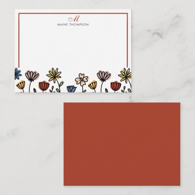 Cute Colorful Flowers Script Monogram Note Card (Front/Back)