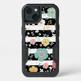Cute Colorful Flowers &amp; Stripes Black &amp; White iPhone 13 Case