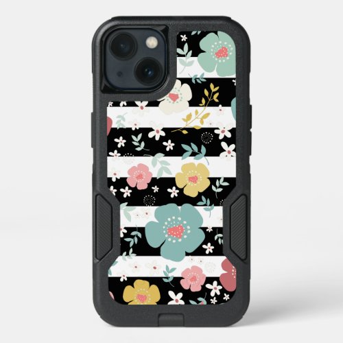 Cute Colorful Flowers  Stripes Black  White iPhone 13 Case