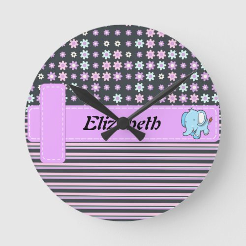 Cute Colorful Flowers Stripes Elephant Round Clock