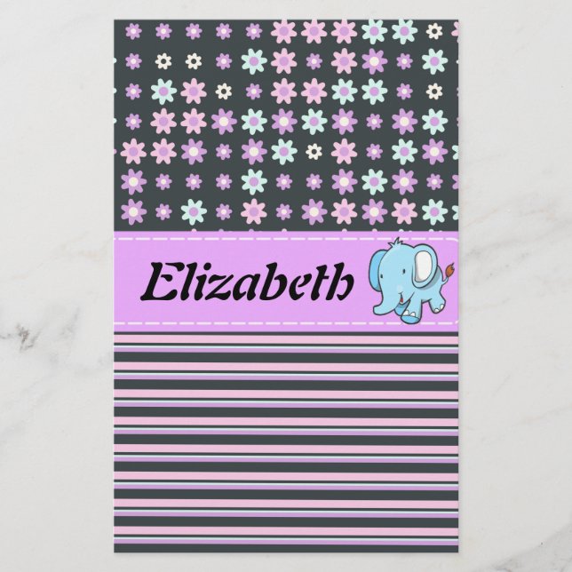 Cute Colorful Flowers Stripes Elephant Stationery (Front)