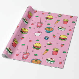 Cute Colorful Food Pattern on Pink Wrapping Paper