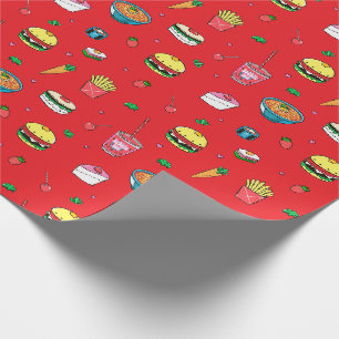 Cute Colorful Food Pattern on Red Wrapping Paper