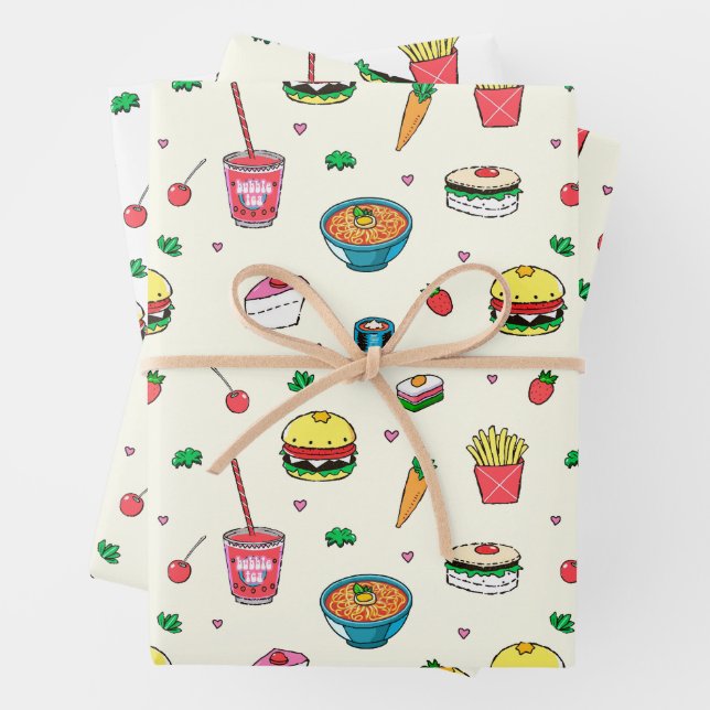 Cute Colorful Food Pattern on White Wrapping Paper Sheets (In situ)
