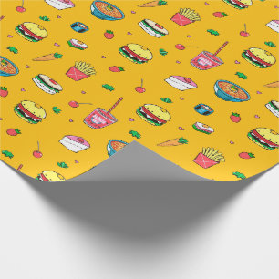 Cute Colorful Food Pattern on Yellow Wrapping Paper