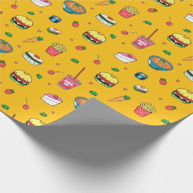 Cute Colorful Food Pattern on Yellow Wrapping Paper (Corner)