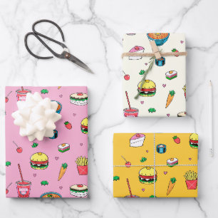 Cute Colorful Food Pattern Pink Yellow White Wrapping Paper Sheets