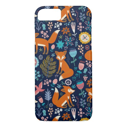 Cute Colorful Foxes Birds  Flowers Pattern iPhone 87 Case