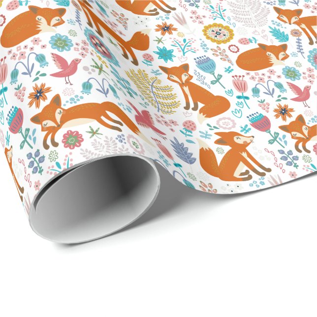 Cute Colorful Foxes Flowers And Birds Pattern Wrapping Paper (Roll Corner)