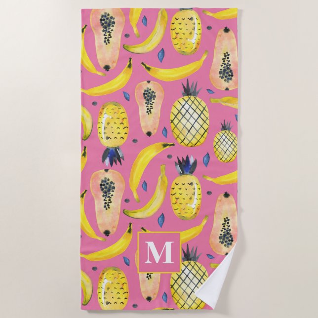 Cute & Colorful Fruity Banana Papaya & Pineapple Beach Towel (Front)