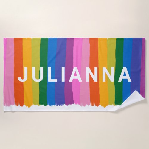 Cute Colorful Fun Rainbow Stripes Personalized Beach Towel