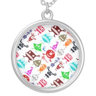 Cute colorful funny monsters patterns silver plated necklace
