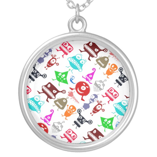Cute colorful funny monsters patterns silver plated necklace (Front)