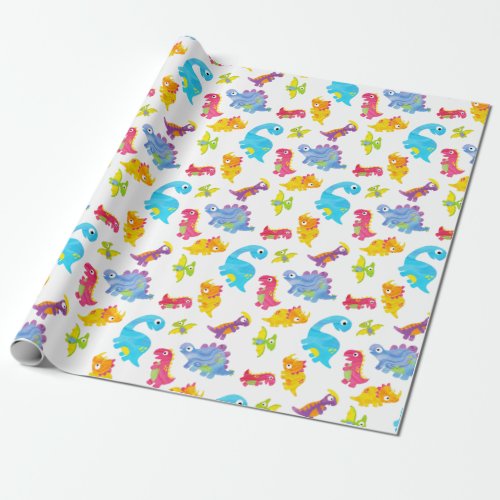 Cute Colorful Funny Unisex White Baby Dinosaur Wrapping Paper