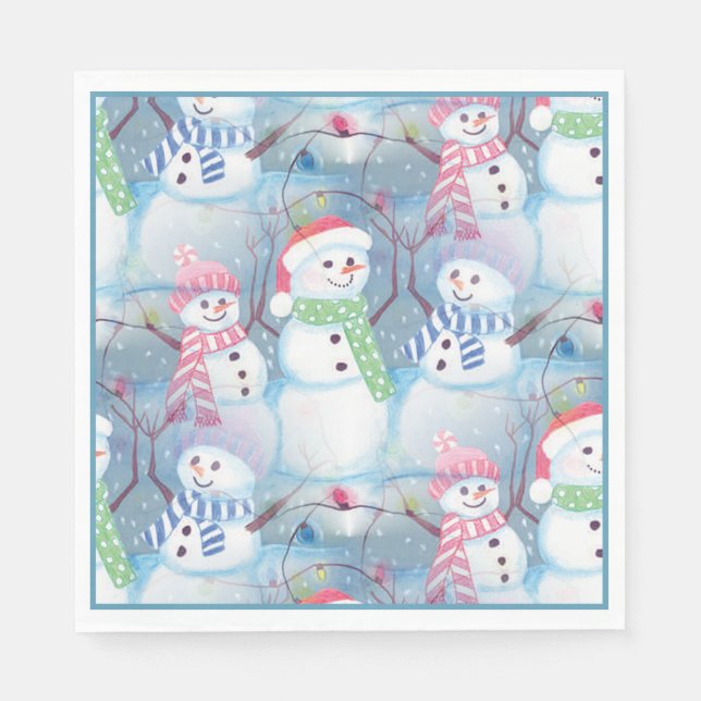 Cute Colorful Funny Winter Season Snowman Pattern Paper Napkins (Front)