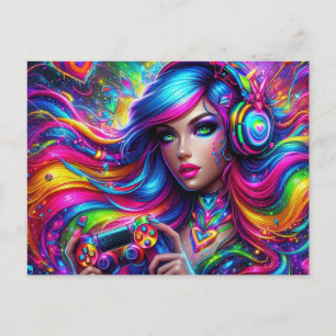 Cute colorful gamer girl postcard