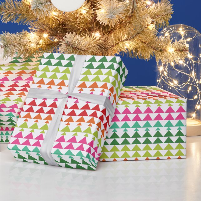 Cute Colorful Geometric Christmas Trees Red Pink Wrapping Paper (Holidays)