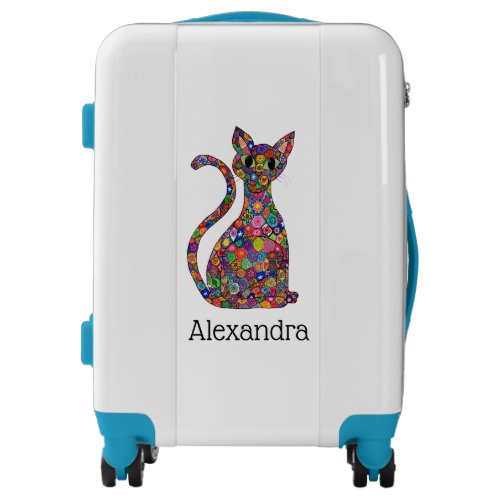 Cute Colorful Geometric Flower Cat Monogram Name Luggage