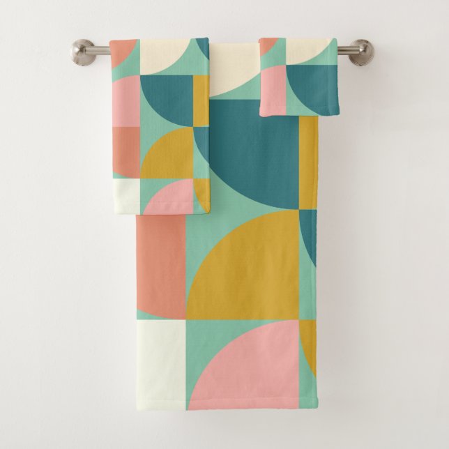 Cute Colorful Geometric Shapes Pattern in Teal Bath Towel Set (Insitu)